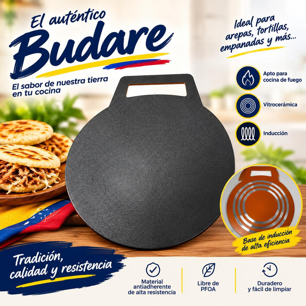 Budare venezolano 30cm compatible con gas, vitrocerámica e inducción, ideal para arepas