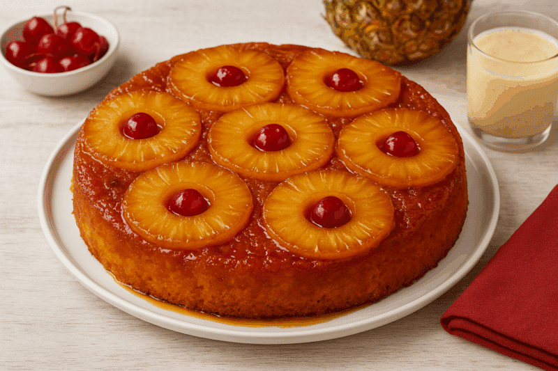 Torta de piña venezolana sobre la mesa con recipiente lleno de cerezas
